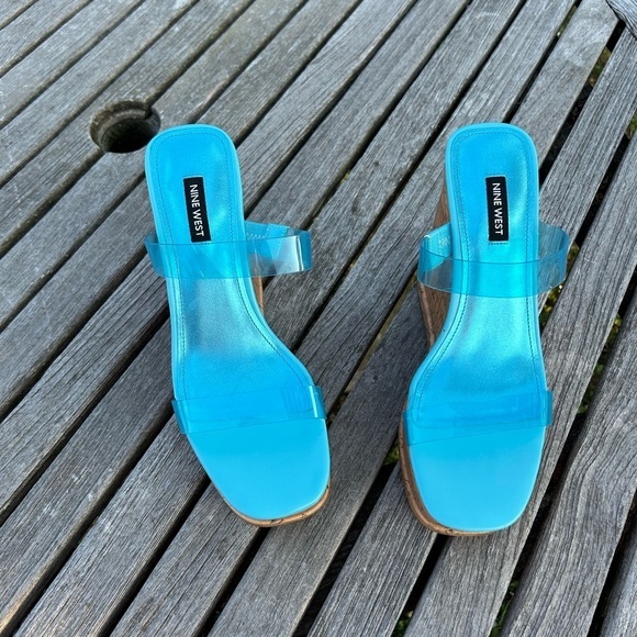 New Nine West Rapps‎ blue size 8 1/2 Cork Wedge Chunky Sandals - Picture 2 of 7